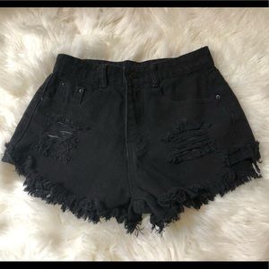 SIZE S Black distressed fringe shorts button & zip